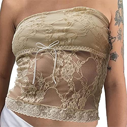 Geagodelia Damen Y2K Spitze Tube Top Sexy Mesh Transparent Lang Bandeau Top Trägerloses Oberteil Party Outfit Sommer Rückenfreies Top (A 01- Khaki, S) von Geagodelia