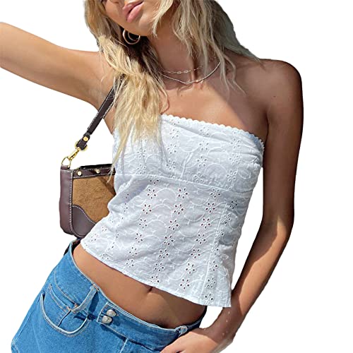 Geagodelia Damen Y2K Spitze Tube Top Sexy Mesh Transparent Lang Bandeau Top Trägerloses Oberteil Party Outfit Sommer Rückenfreies Top (E 01- Weiß, S) von Geagodelia