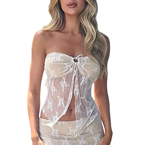 Geagodelia Damen Y2K Spitze Tube Top Sexy Mesh Transparent Lang Bandeau Top Trägerloses Oberteil Party Outfit Sommer Rückenfreies Top (F 01- Weiß, L) von Geagodelia