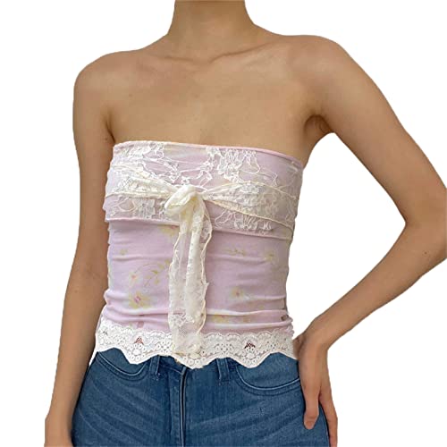 Geagodelia Damen Y2K Spitze Tube Top Sexy Mesh Transparent Lang Bandeau Top Trägerloses Oberteil Party Outfit Sommer Rückenfreies Top (H 01- Pink, S) von Geagodelia