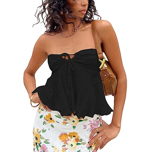 Geagodelia Damen Y2K Spitze Tube Top Sexy Mesh Transparent Lang Bandeau Top Trägerloses Oberteil Party Outfit Sommer Rückenfreies Top (M 01- Schwarz, S) von Geagodelia