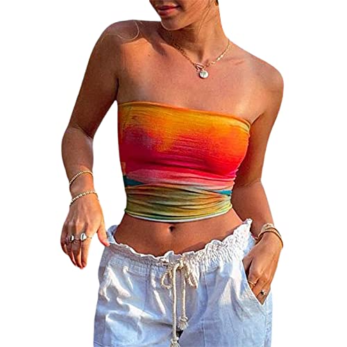 Geagodelia Damen Y2K Spitze Tube Top Sexy Mesh Transparent Lang Bandeau Top Trägerloses Oberteil Party Outfit Sommer Rückenfreies Top (N 01- Orange, L) von Geagodelia