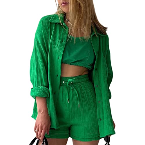 Geagodelia Damen Zweiteiler Elegant Hosenanzug Sommer Outfits Kleidung 2 Teiler Set Bluse Top + Shorts Y2k Aesthetic Clothes Loungewear Anzug (A - Grün, L) von Geagodelia