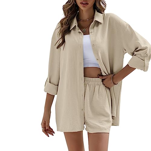 Geagodelia Damen Zweiteiler Elegant Hosenanzug Sommer Outfits Kleidung 2 Teiler Set Bluse Top + Shorts Y2k Aesthetic Clothes Loungewear Anzug (C - Beige, L) von Geagodelia