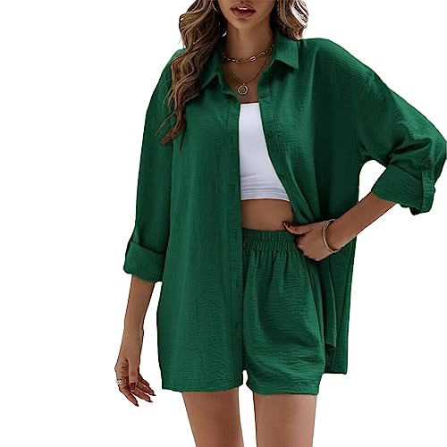 Geagodelia Damen Zweiteiler Elegant Hosenanzug Sommer Outfits Kleidung 2 Teiler Set Bluse Top + Shorts Y2k Aesthetic Clothes Loungewear Anzug (C - Grün, L) von Geagodelia