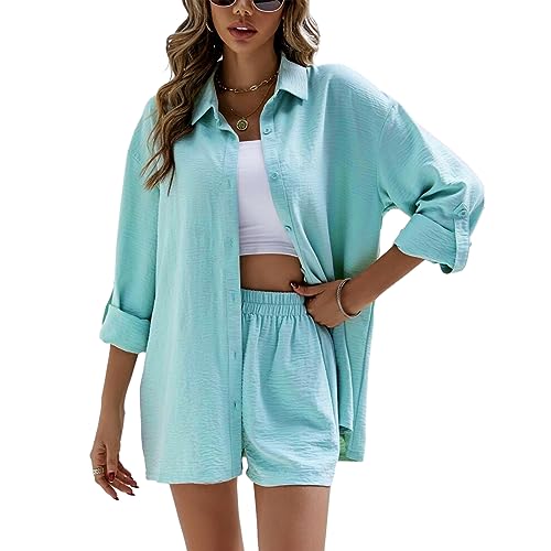 Geagodelia Damen Zweiteiler Elegant Hosenanzug Sommer Outfits Kleidung 2 Teiler Set Bluse Top + Shorts Y2k Aesthetic Clothes Loungewear Anzug (C - Hellblau, L) von Geagodelia