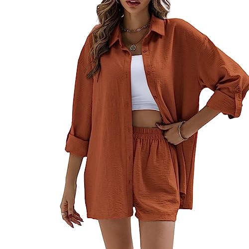 Geagodelia Damen Zweiteiler Elegant Hosenanzug Sommer Outfits Kleidung 2 Teiler Set Bluse Top + Shorts Y2k Aesthetic Clothes Loungewear Anzug (C - Rot Braun, L) von Geagodelia