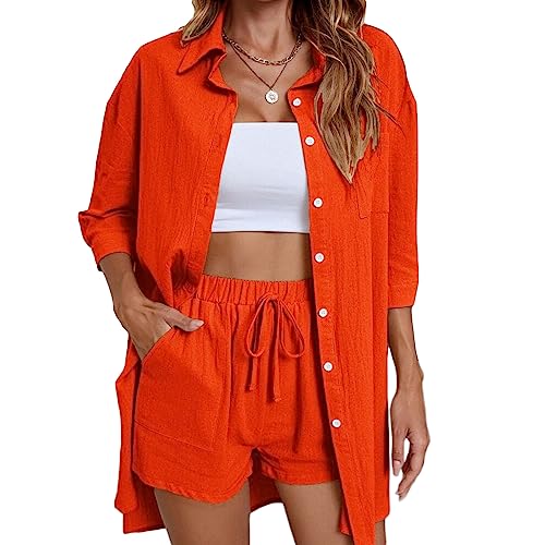 Geagodelia Damen Zweiteiler Elegant Hosenanzug Sommer Outfits Kleidung 2 Teiler Set Bluse Top + Shorts Y2k Aesthetic Clothes Loungewear Anzug (D - Orange, L) von Geagodelia