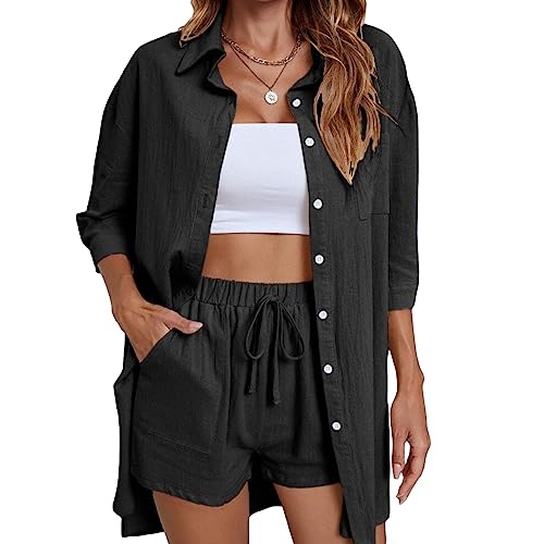 Geagodelia Damen Zweiteiler Elegant Hosenanzug Sommer Outfits Kleidung 2 Teiler Set Bluse Top + Shorts Y2k Aesthetic Clothes Loungewear Anzug (D - Schwarz, M) von Geagodelia