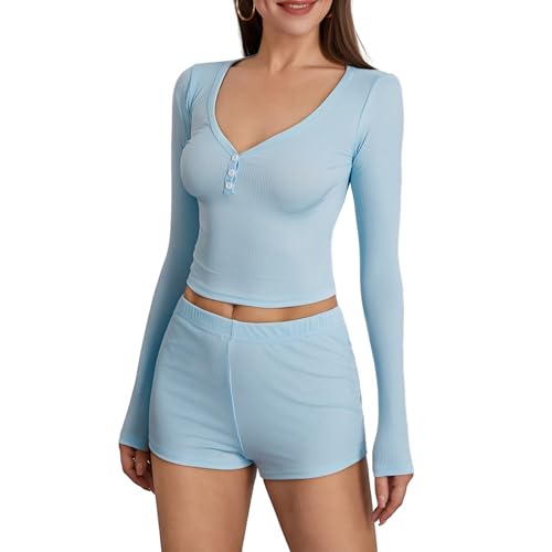 Geagodelia Damen Zweiteiler Lounge Set Hausanzug Weiche Loungewear Pyjamas Elegant 2 Teiler Set Shirt Top + Shorts Schlafanzug Sommer Kleidung Outfit Anzug (A - Blau, S) von Geagodelia