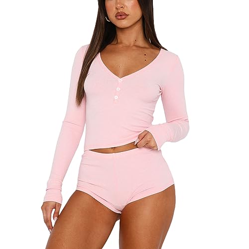 Geagodelia Damen Zweiteiler Lounge Set Hausanzug Weiche Loungewear Pyjamas Elegant 2 Teiler Set Shirt Top + Shorts Schlafanzug Sommer Kleidung Outfit Anzug (A - Pink, S) von Geagodelia