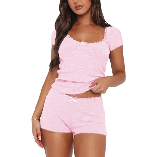 Geagodelia Damen Zweiteiler Lounge Set Hausanzug Weiche Loungewear Pyjamas Elegant 2 Teiler Set Shirt Top + Shorts Schlafanzug Sommer Kleidung Outfit Anzug (B - Pink, S) von Geagodelia