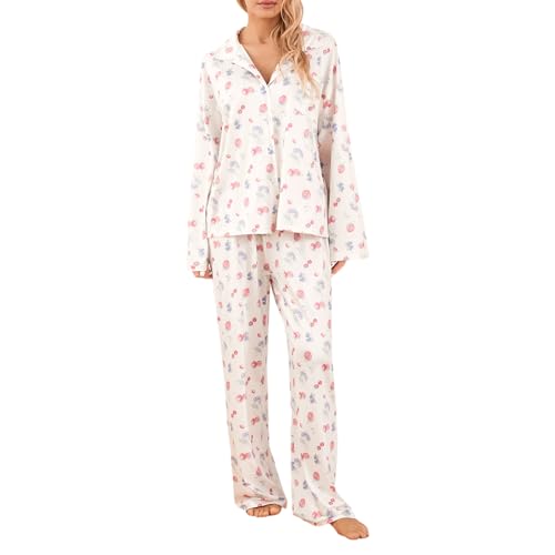 Geagodelia Damen Zweiteiler Lounge Set Lang Weite Hose und Langarm Top Oberteil Schlafanzug Matching Loungewear Pyjamas Leicht Locker Herbst Winter Nachtwäsche (Hose Weiß, M) von Geagodelia