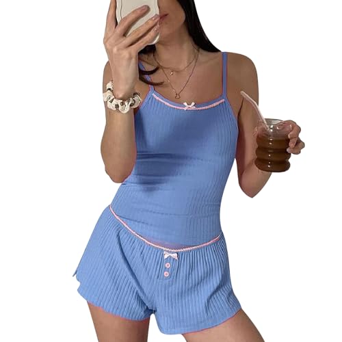 Geagodelia Damen Zweiteiler Lounge Set Pyjamas Sexy Loungewear Schlafanzug Hausanzug Elegant 2 Teiler Set Crop Tank Top + Shorts Sommer Y2k Kleidung Outfit Anzug (F - Blau, L) von Geagodelia