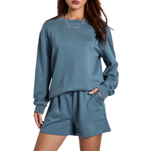 Geagodelia Damen Zweiteiler Outfit Oversized Sweatshirts und Sporthose Kurz Sport Set Locker 2 Teilig Trainingsanzug Elegant Sportlich Hausanzug Loungewear Set (A 01- Dunkelblau, M) von Geagodelia