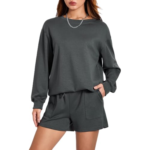 Geagodelia Damen Zweiteiler Outfit Oversized Sweatshirts und Sporthose Kurz Sport Set Locker 2 Teilig Trainingsanzug Elegant Sportlich Hausanzug Loungewear Set (A 01- Dunkelgrau, L) von Geagodelia