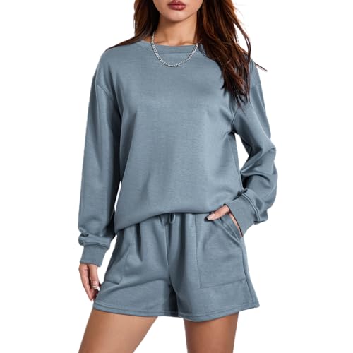 Geagodelia Damen Zweiteiler Outfit Oversized Sweatshirts und Sporthose Kurz Sport Set Locker 2 Teilig Trainingsanzug Elegant Sportlich Hausanzug Loungewear Set (A 01- Hellblau, L) von Geagodelia