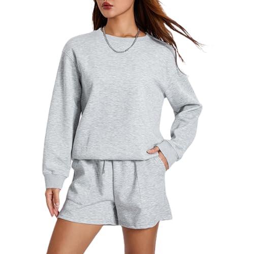 Geagodelia Damen Zweiteiler Outfit Oversized Sweatshirts und Sporthose Kurz Sport Set Locker 2 Teilig Trainingsanzug Elegant Sportlich Hausanzug Loungewear Set (A 01- Hellgrau, L) von Geagodelia