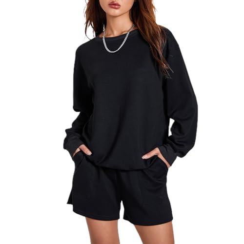 Geagodelia Damen Zweiteiler Outfit Oversized Sweatshirts und Sporthose Kurz Sport Set Locker 2 Teilig Trainingsanzug Elegant Sportlich Hausanzug Loungewear Set (A 01- Schwarz, M) von Geagodelia