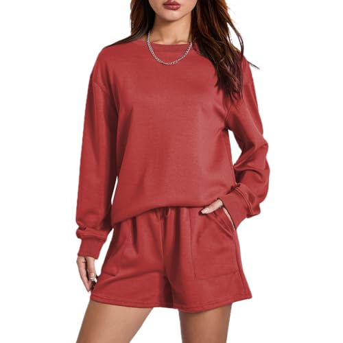 Geagodelia Damen Zweiteiler Outfit Oversized Sweatshirts und Sporthose Kurz Sport Set Locker 2 Teilig Trainingsanzug Elegant Sportlich Hausanzug Loungewear Set (A 01- Weinrot, L) von Geagodelia