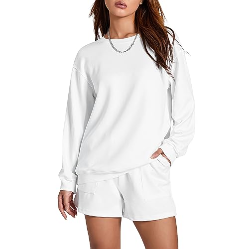 Geagodelia Damen Zweiteiler Outfit Oversized Sweatshirts und Sporthose Kurz Sport Set Locker 2 Teilig Trainingsanzug Elegant Sportlich Hausanzug Loungewear Set (A 01- Weiß, S) von Geagodelia