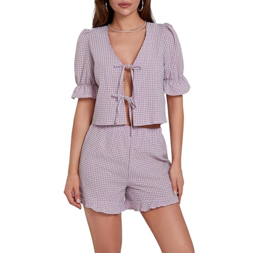 Geagodelia Damen Zweiteiler Sommer Elegant Hosenanzug Outfit 2 Teiler Lounge Set Tie Front Bluse Top + Shorts Y2k Aesthetic Clothes Loungewear Kleidung Anzug (A - Lila Karierte, L) von Geagodelia