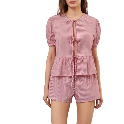 Geagodelia Damen Zweiteiler Sommer Elegant Hosenanzug Outfit 2 Teiler Lounge Set Tie Front Bluse Top + Shorts Y2k Aesthetic Clothes Loungewear Kleidung Anzug (B - Rot Karierte, L) von Geagodelia