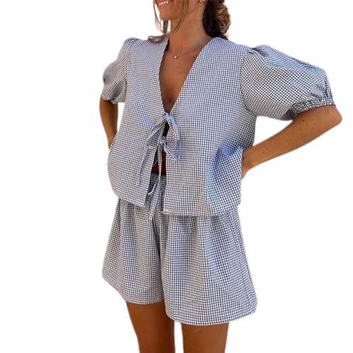 Geagodelia Damen Zweiteiler Sommer Elegant Hosenanzug Outfit 2 Teiler Lounge Set Tie Front Bluse Top + Shorts Y2k Aesthetic Clothes Loungewear Kleidung Anzug (C - Blau Karierte, S) von Geagodelia