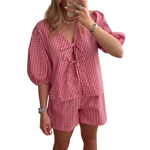 Geagodelia Damen Zweiteiler Sommer Elegant Hosenanzug Outfit 2 Teiler Lounge Set Tie Front Bluse Top + Shorts Y2k Aesthetic Clothes Loungewear Kleidung Anzug (D - Rot Karierte, L) von Geagodelia