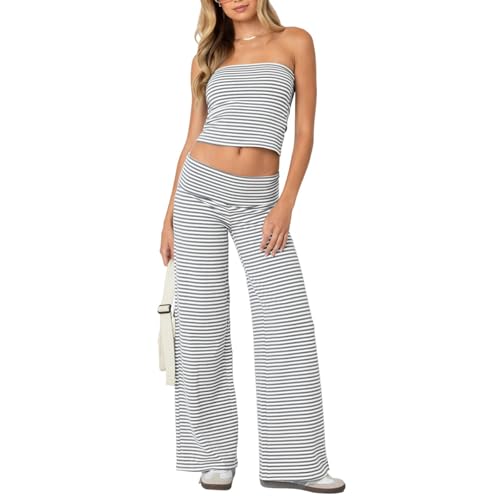 Geagodelia Damen Zweiteiler Sommer Gestreifte Hosenanzug Elegant Outfits Kleidung 2 Teiler Set Trägerloses Tube Top + Hose Loungewear Tracksuit Anzug Streetwear (A - Grau, S) von Geagodelia