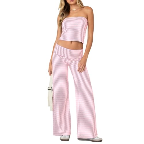 Geagodelia Damen Zweiteiler Sommer Gestreifte Hosenanzug Elegant Outfits Kleidung 2 Teiler Set Trägerloses Tube Top + Hose Loungewear Tracksuit Anzug Streetwear (A - Pink, S) von Geagodelia