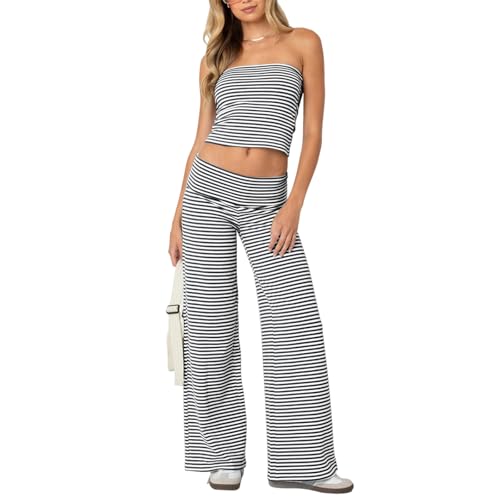 Geagodelia Damen Zweiteiler Sommer Gestreifte Hosenanzug Elegant Outfits Kleidung 2 Teiler Set Trägerloses Tube Top + Hose Loungewear Tracksuit Anzug Streetwear (A - Schwarz, L) von Geagodelia
