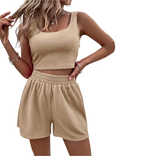 Geagodelia Damen Zweiteiler Sommer Hosenanzug Elegant Outfits Kleidung 2 Teiler Set Crop Tank Top + Shorts Y2k Aesthetic Clothes Workout Sport Anzug (A - Beige, L) von Geagodelia