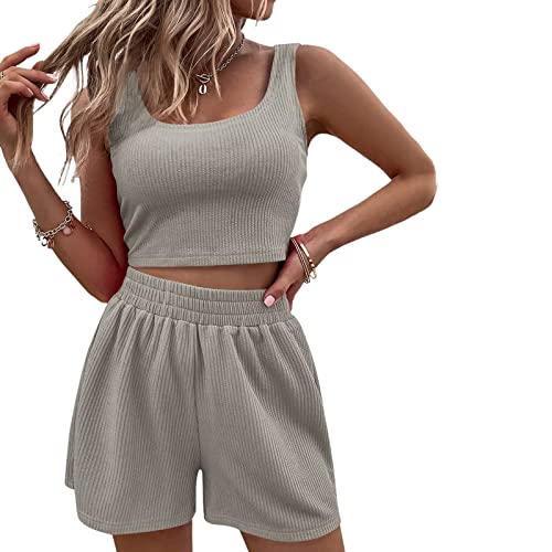 Geagodelia Damen Zweiteiler Sommer Hosenanzug Elegant Outfits Kleidung 2 Teiler Set Crop Tank Top + Shorts Y2k Aesthetic Clothes Workout Sport Anzug (A - Grau, L) von Geagodelia