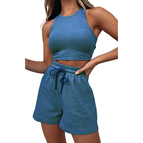 Geagodelia Damen Zweiteiler Sommer Hosenanzug Elegant Outfits Kleidung 2 Teiler Set Crop Tank Top + Shorts Y2k Aesthetic Clothes Workout Sport Anzug (B - Blau, L) von Geagodelia