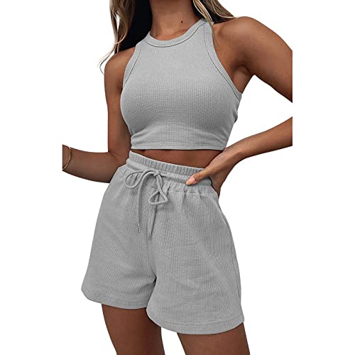 Geagodelia Damen Zweiteiler Sommer Hosenanzug Elegant Outfits Kleidung 2 Teiler Set Crop Tank Top + Shorts Y2k Aesthetic Clothes Workout Sport Anzug (B - Grau, L) von Geagodelia