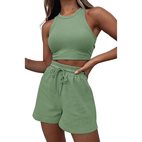 Geagodelia Damen Zweiteiler Sommer Hosenanzug Elegant Outfits Kleidung 2 Teiler Set Crop Tank Top + Shorts Y2k Aesthetic Clothes Workout Sport Anzug (B - Grün, L) von Geagodelia