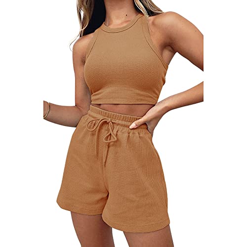 Geagodelia Damen Zweiteiler Sommer Hosenanzug Elegant Outfits Kleidung 2 Teiler Set Crop Tank Top + Shorts Y2k Aesthetic Clothes Workout Sport Anzug (B - Khaki, S) von Geagodelia