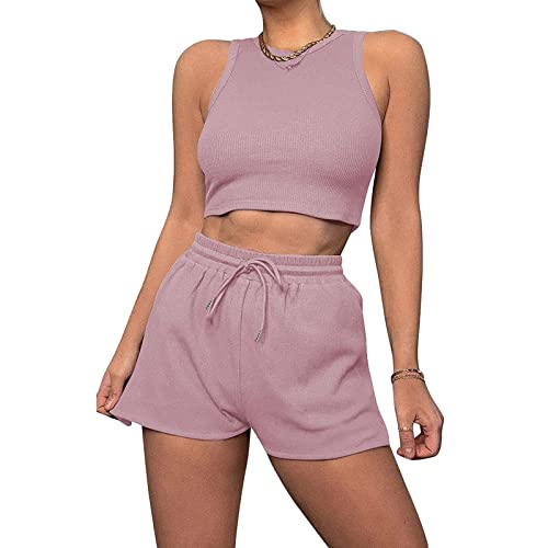 Geagodelia Damen Zweiteiler Sommer Hosenanzug Elegant Outfits Kleidung 2 Teiler Set Crop Tank Top + Shorts Y2k Aesthetic Clothes Workout Sport Anzug (B - Pink, XL) von Geagodelia