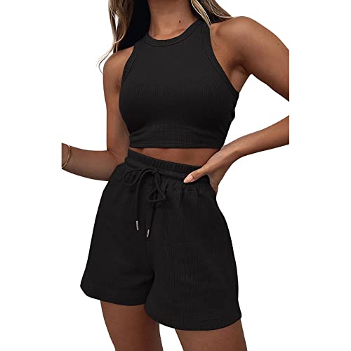 Geagodelia Damen Zweiteiler Sommer Hosenanzug Elegant Outfits Kleidung 2 Teiler Set Crop Tank Top + Shorts Y2k Aesthetic Clothes Workout Sport Anzug (B - Schwarz, M) von Geagodelia