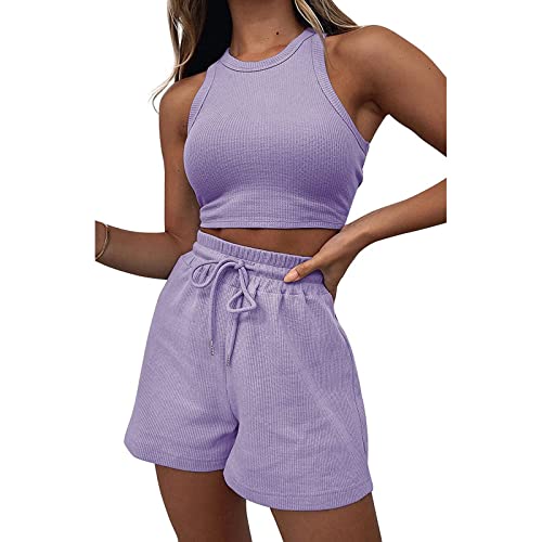 Geagodelia Damen Zweiteiler Sommer Hosenanzug Elegant Outfits Kleidung 2 Teiler Set Crop Tank Top + Shorts Y2k Aesthetic Clothes Workout Sport Anzug (B - Violett, L) von Geagodelia