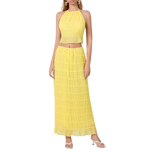 Geagodelia Damen Zweiteiler Sommer Hosenanzug Elegant Outfits Kleidung 2 Teiler Set Neckholder Top Rückenfreies Oberteil + Maxirock Loungewear Anzug Streetwear (A - Gelb, M) von Geagodelia