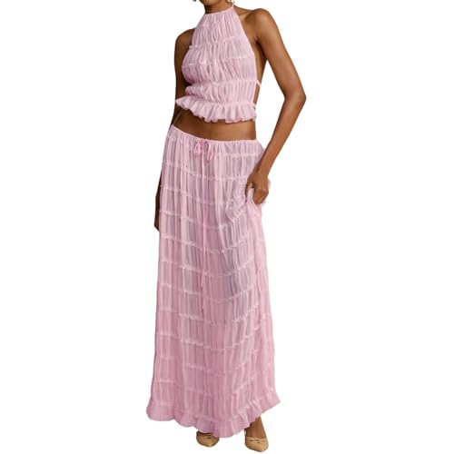 Geagodelia Damen Zweiteiler Sommer Hosenanzug Elegant Outfits Kleidung 2 Teiler Set Neckholder Top Rückenfreies Oberteil + Maxirock Loungewear Anzug Streetwear (A - Pink, L) von Geagodelia
