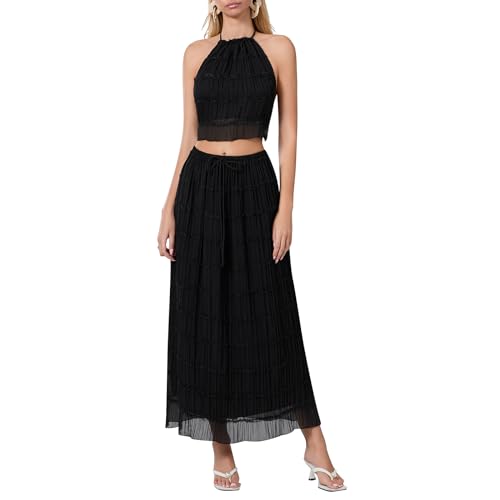 Geagodelia Damen Zweiteiler Sommer Hosenanzug Elegant Outfits Kleidung 2 Teiler Set Neckholder Top Rückenfreies Oberteil + Maxirock Loungewear Anzug Streetwear (A - Schwarz, L) von Geagodelia