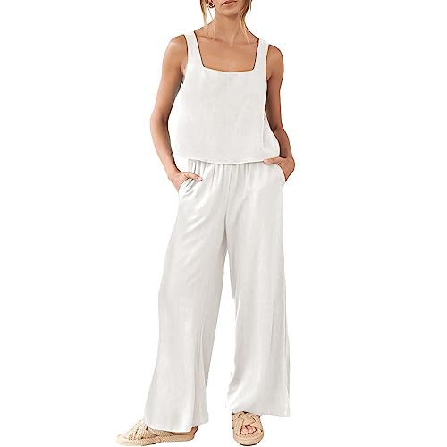 Geagodelia Damen Zweiteiler Sommer Hosenanzug Elegant Outfits Kleidung 2 Teiler Set Top Oberteil + Hose Y2k Aesthetic Clothes Loungewear Anzug (B - Weiß (Tank Top), L) von Geagodelia