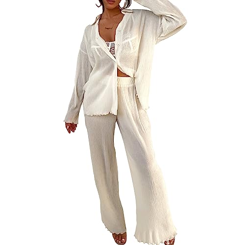 Geagodelia Damen Zweiteiler Sommer Hosenanzug Elegant Outfits Kleidung 2 Teiler Set Top Oberteil + Hose Y2k Aesthetic Clothes Loungewear Anzug (E - Weiß (Durchsichtig), L) von Geagodelia