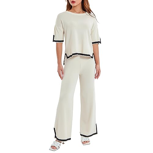 Geagodelia Damen Zweiteiler Strick Hosenanzug Elegant Outfits Kleidung 2 Teiler Set Sweatshirt Top + Hose Y2k Aesthetic Clothes Loungewear Tracksuit Anzug (Kurzarm - Beige, M) von Geagodelia