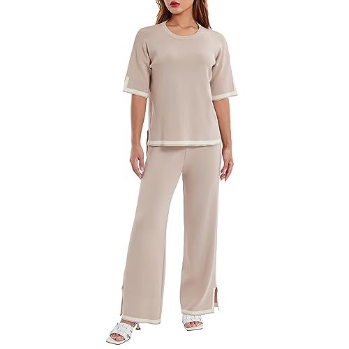 Geagodelia Damen Zweiteiler Strick Hosenanzug Elegant Outfits Kleidung 2 Teiler Set Sweatshirt Top + Hose Y2k Aesthetic Clothes Loungewear Tracksuit Anzug (Kurzarm - Khaki, L) von Geagodelia