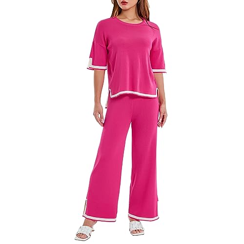 Geagodelia Damen Zweiteiler Strick Hosenanzug Elegant Outfits Kleidung 2 Teiler Set Sweatshirt Top + Hose Y2k Aesthetic Clothes Loungewear Tracksuit Anzug (Kurzarm - Rosa, L) von Geagodelia