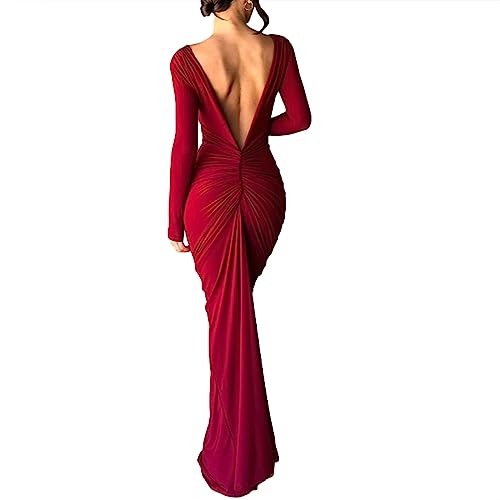 Geagodelia Damenkleid, Maxi-Lange, sexy, figurbetont, mit langen Ärmeln, Abendkleid, tiefer V-Ausschnitt oder rückenfrei, mit zwei Mitteln zu tragen, bordeaux, Medium von Geagodelia